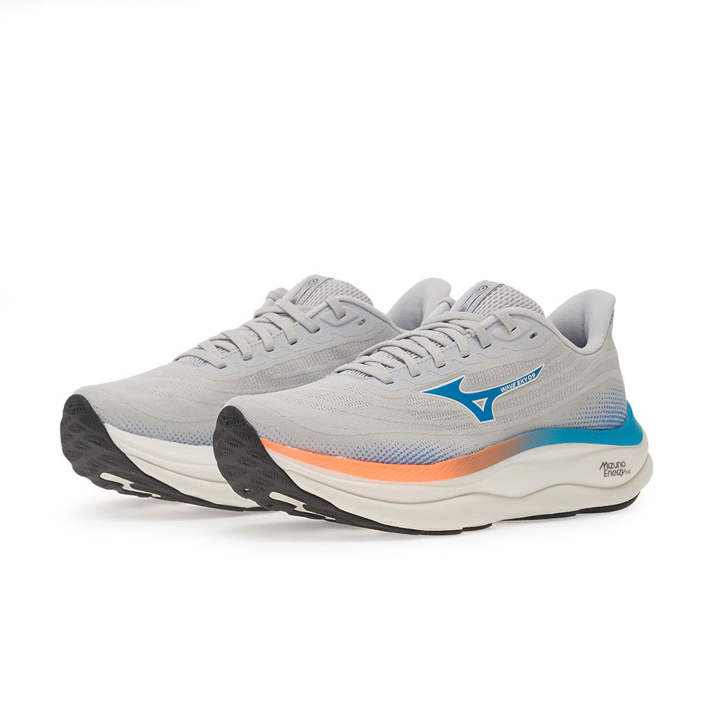 Mizuno Wave Sky 9 herre løbesko i grå med blå og orange detaljer
