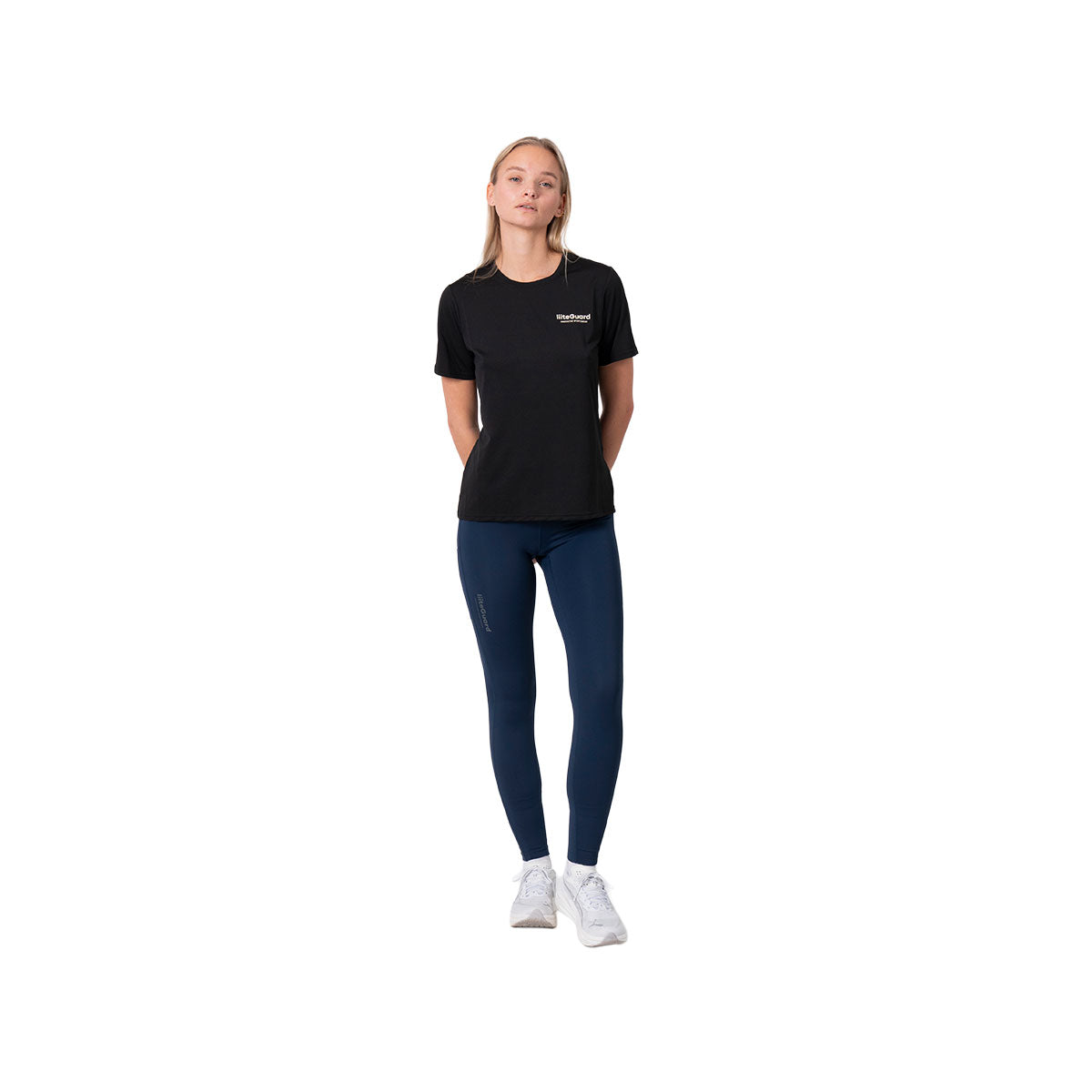 Lang tights i mørkeblå med elastisk talje og lynlås detaljer