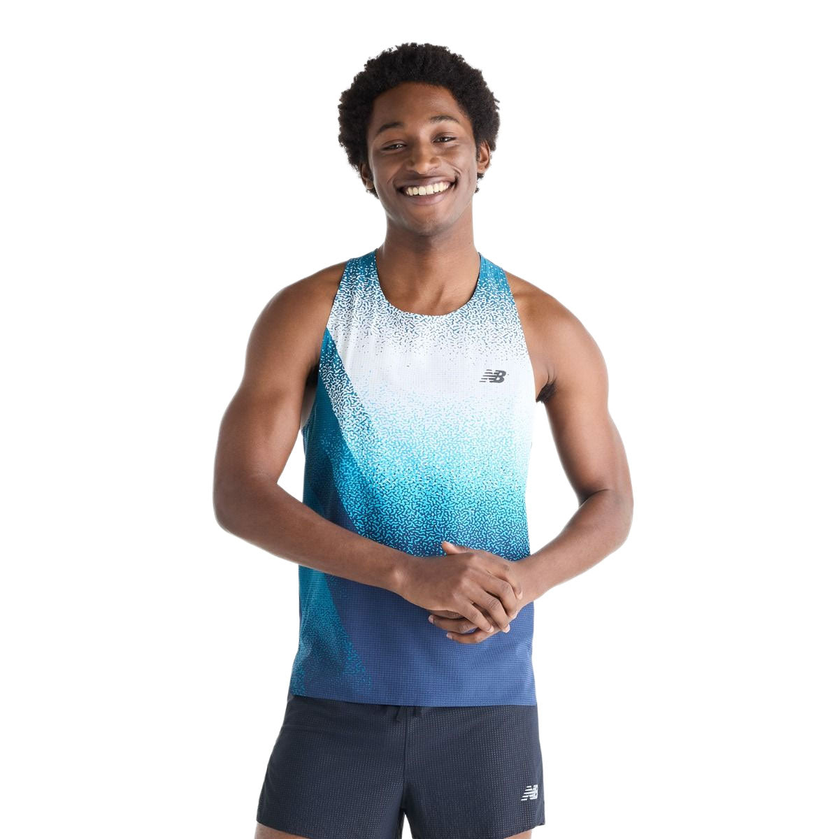New Balance herre Race Day singlet med blå hvidt print
