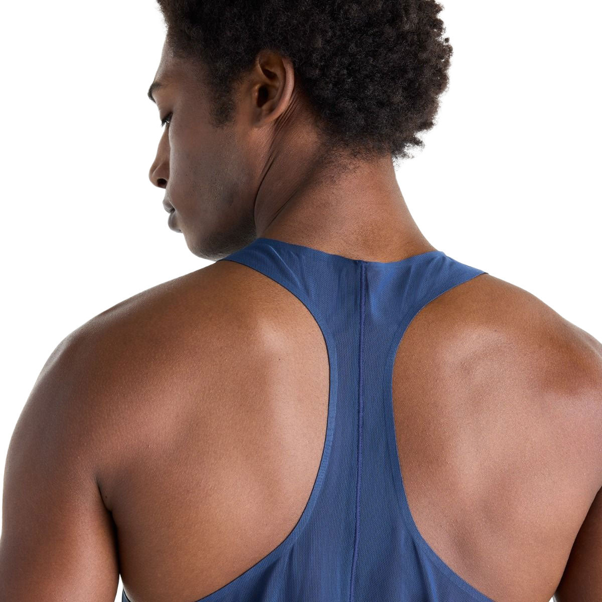 Blå New Balance race singlet med åben ryg og stropper til herre
