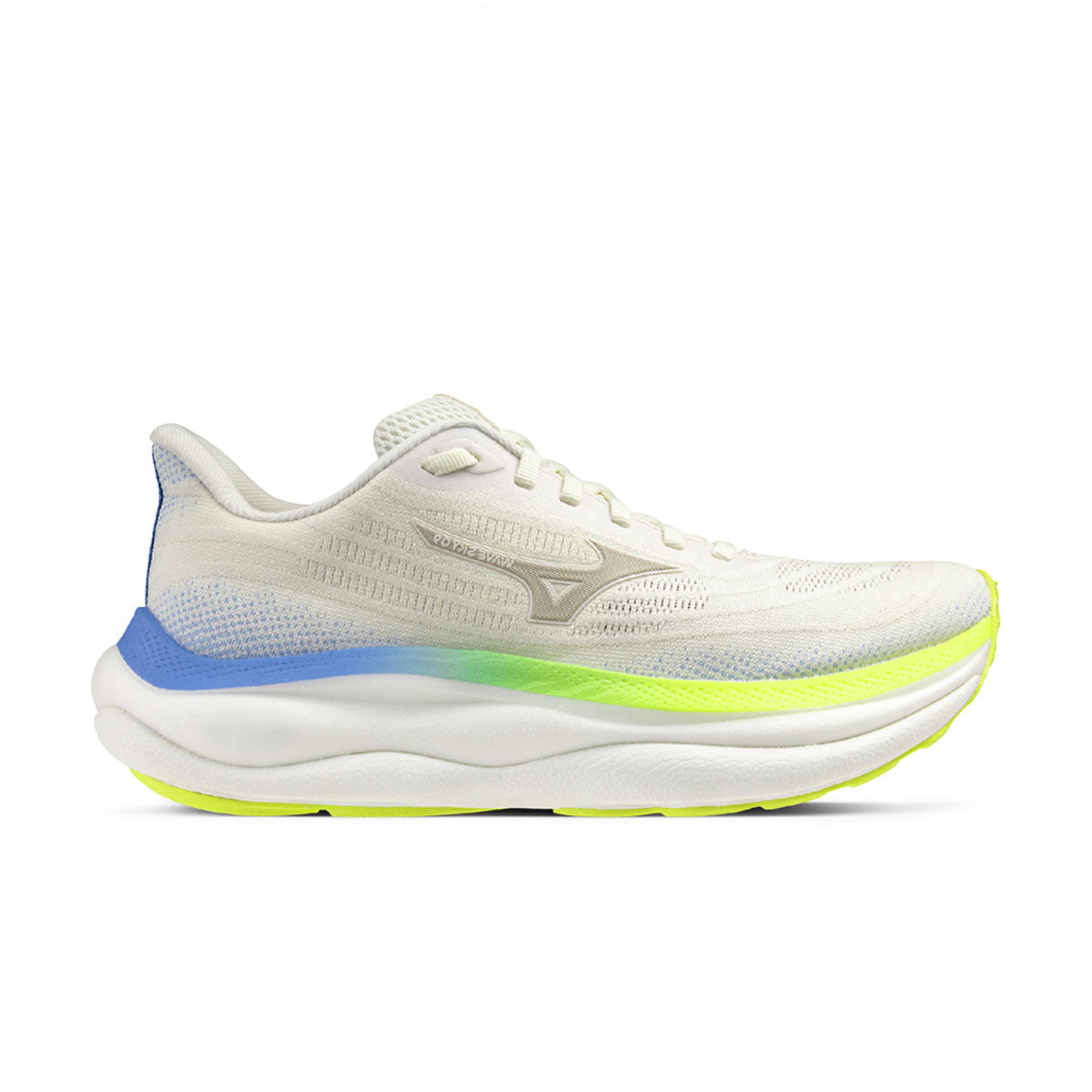 Mizuno Wave Sky 9 Dame løbesko i lys farve med blå og grøn detalje