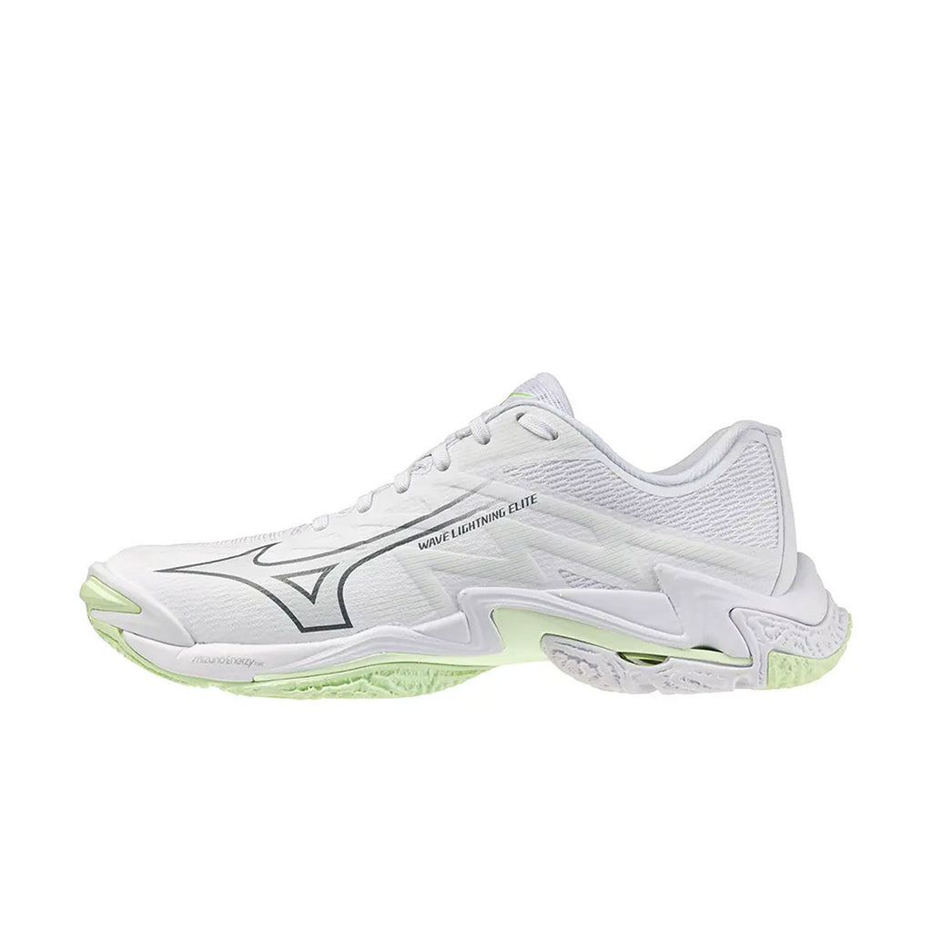 Hvid indendørssko Mizuno Wave Lightning Elite dame med grøn hælkant