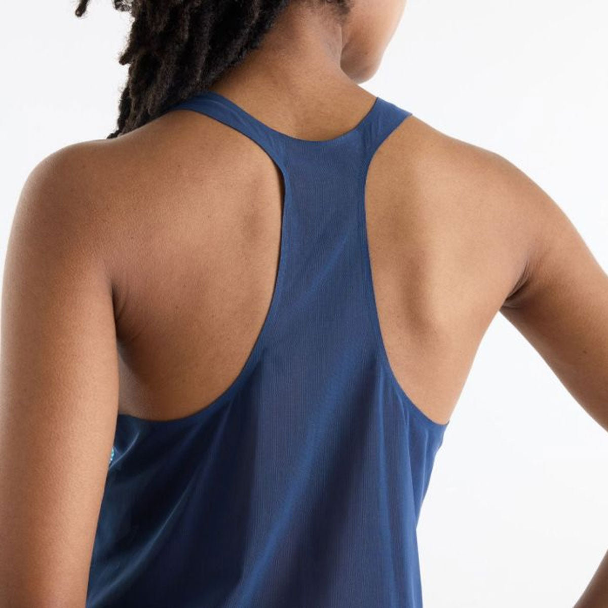 Blå New Balance race singlet til dame med rygmønster
