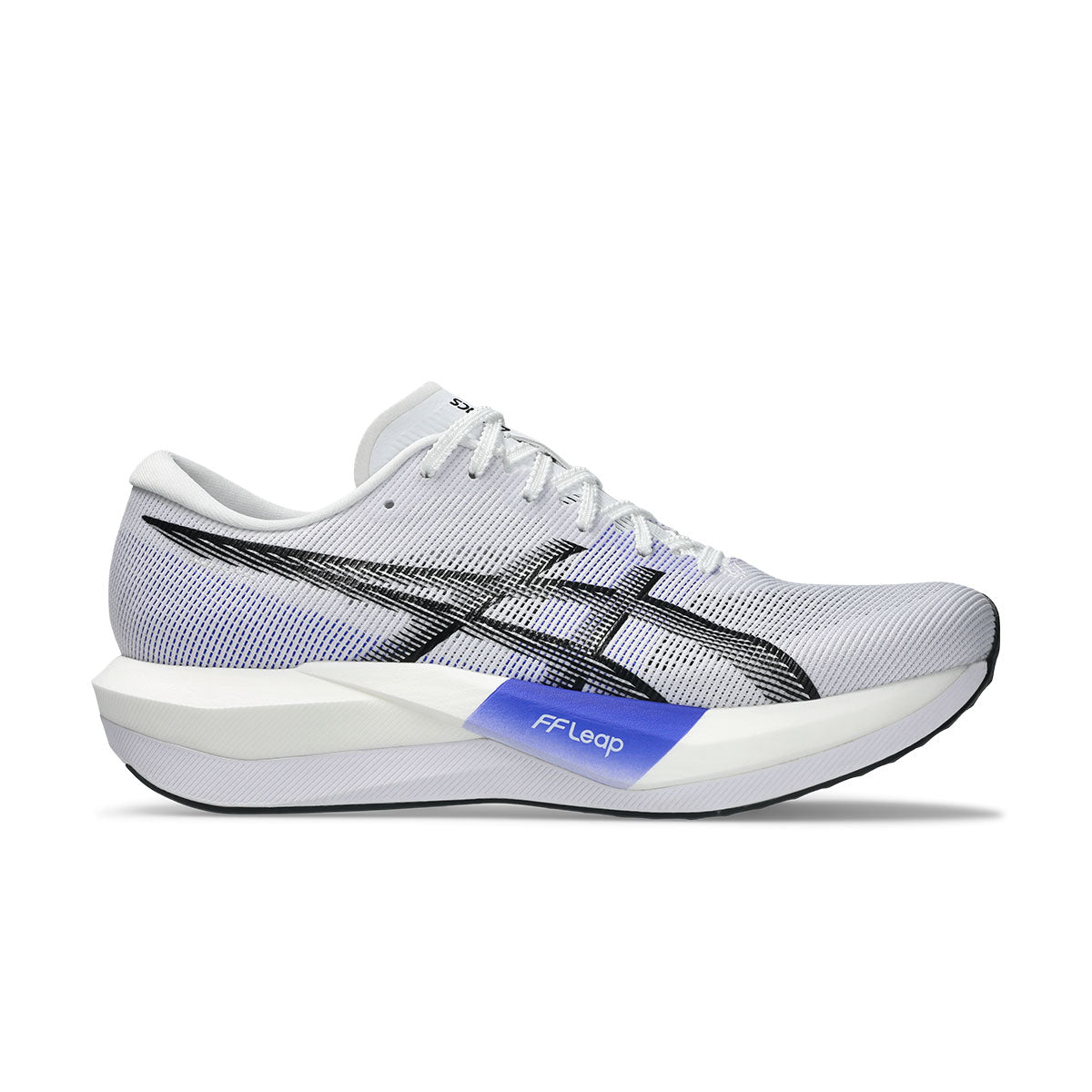 Asics Magic Speed 5 løbesko i hvid og sort med blå detaljer