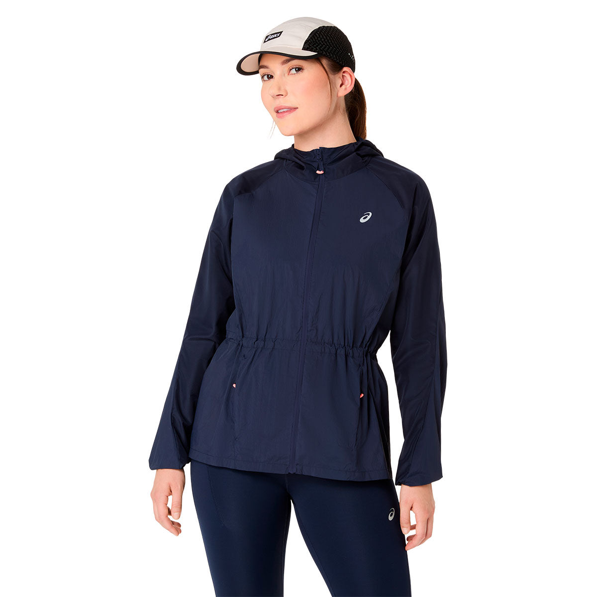 Asics Road Packable Jacket til damer i navy med justerbar talje