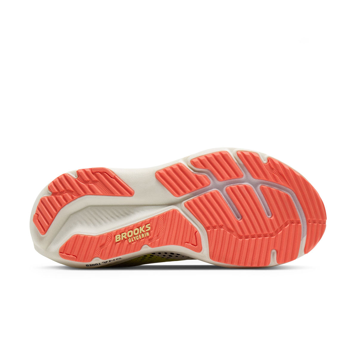 Brooks Glycerin 23 Dame løbesko sål med detaljer i orange og hvid