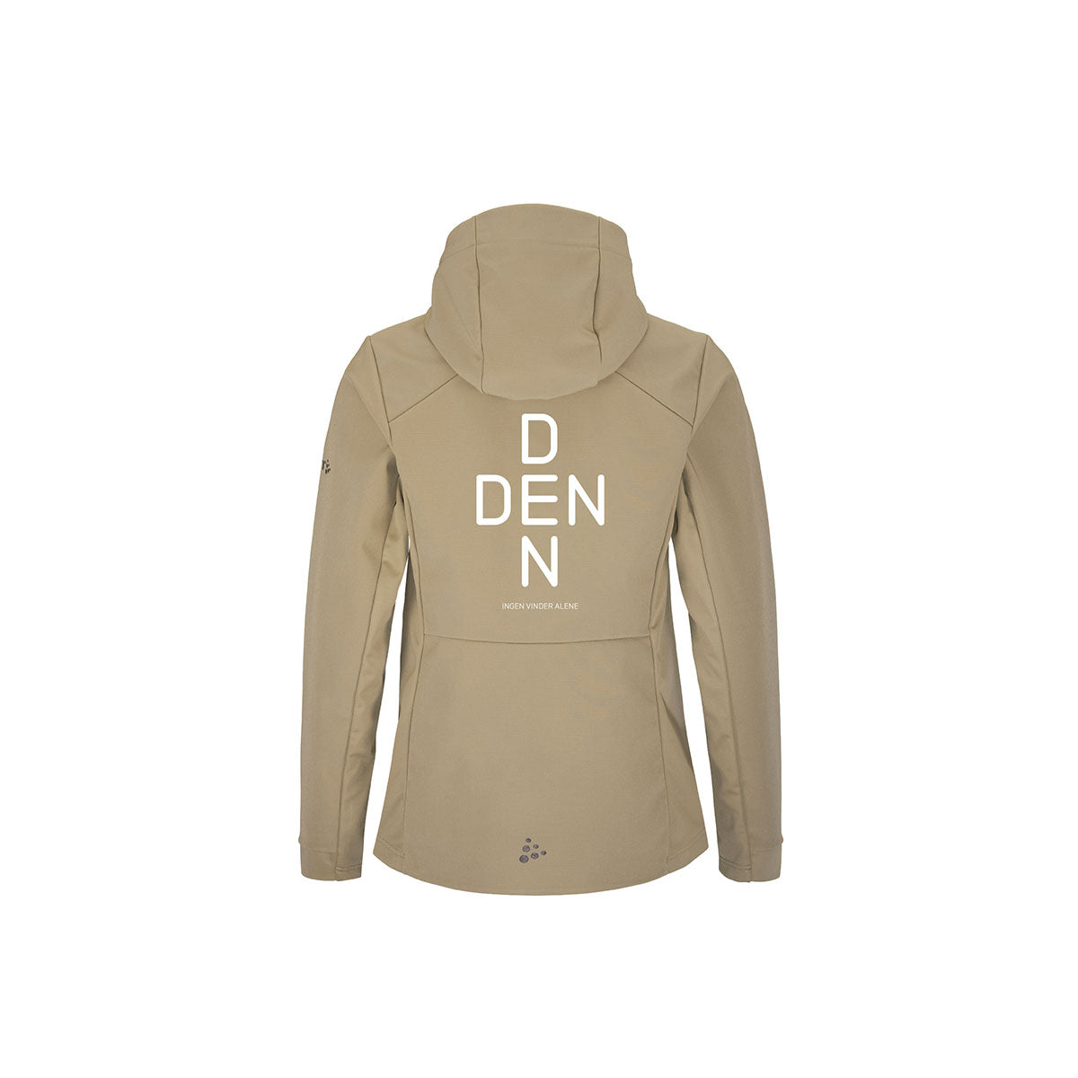 Beige softshell jakke med hætte og frontprint til dame