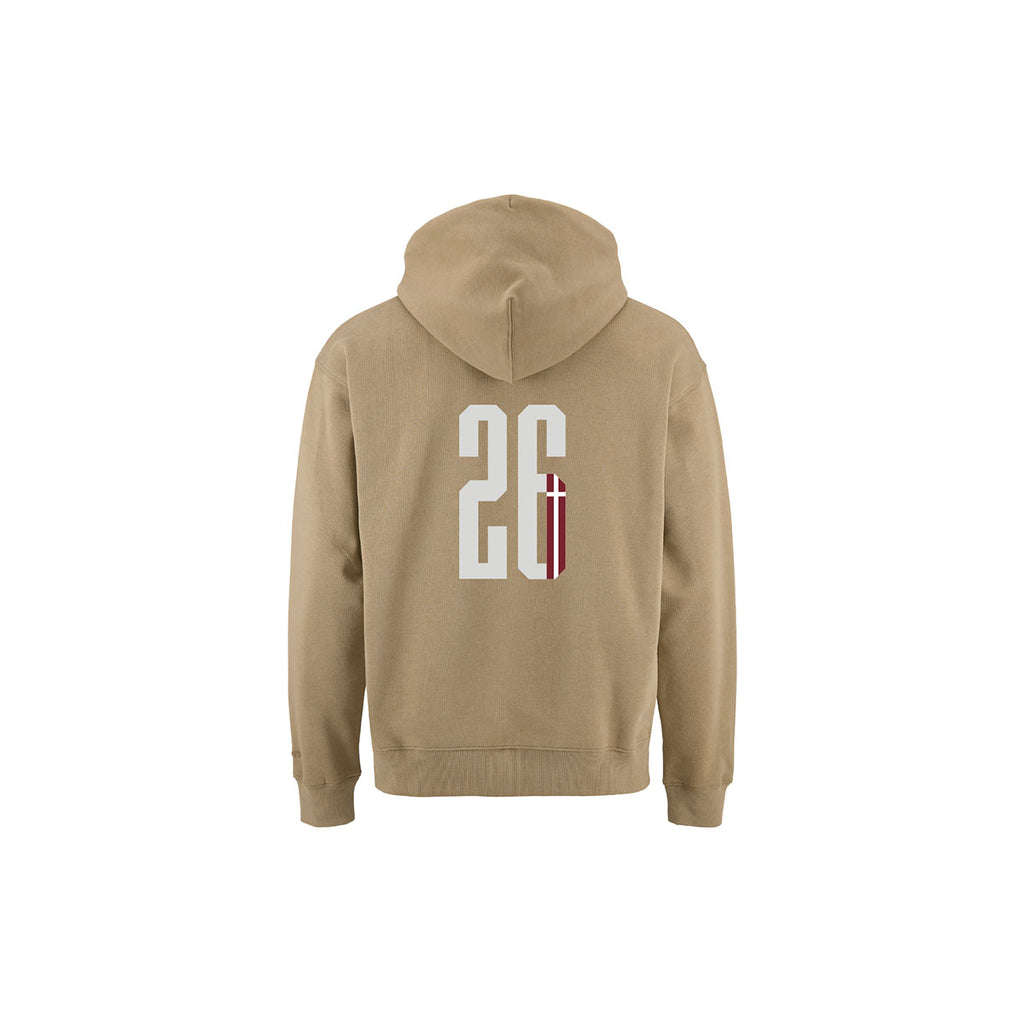 Beige hættetrøje med stort 90, 1 fanmotiv på ryggen