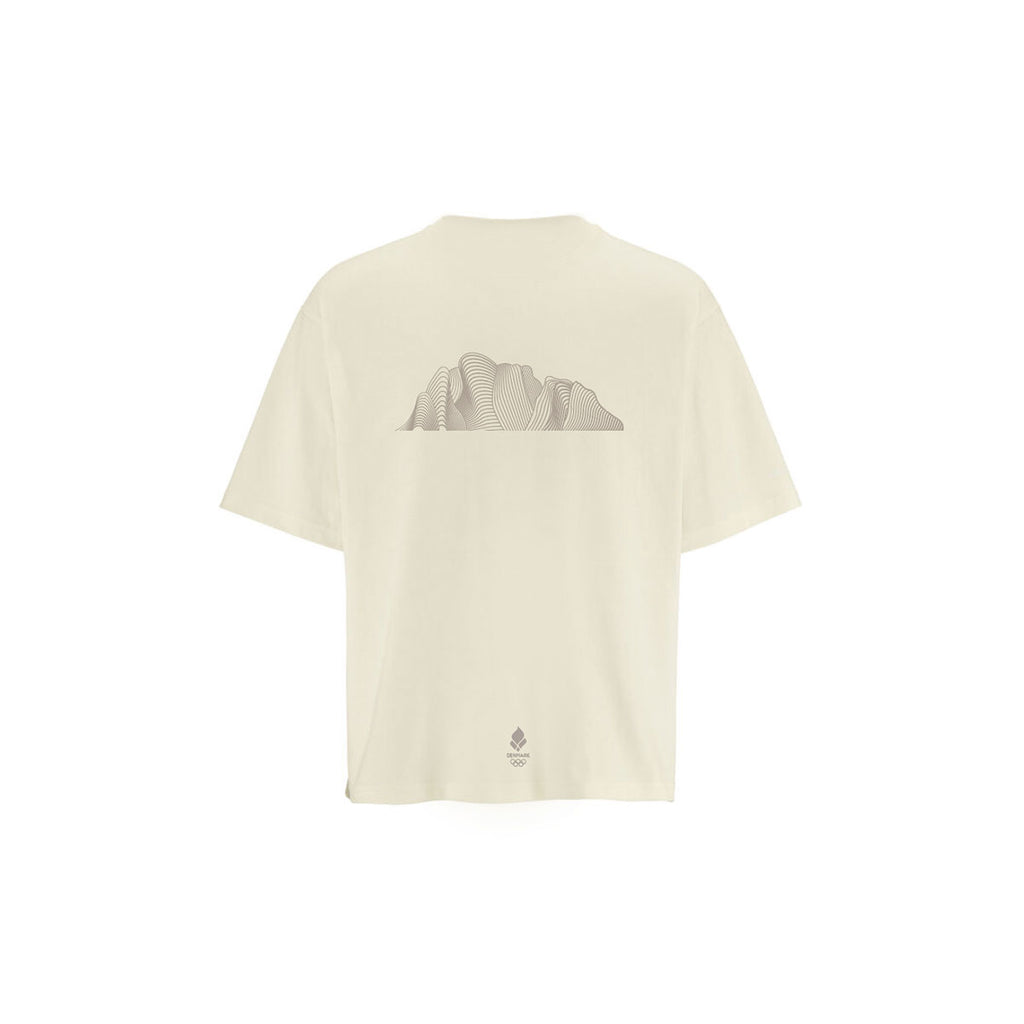 Beige T-shirt med grafisk tryk af bjerge på bagsiden