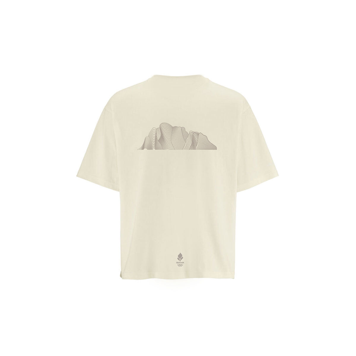 Beige T-shirt med grafisk tryk af bjerge på bagsiden