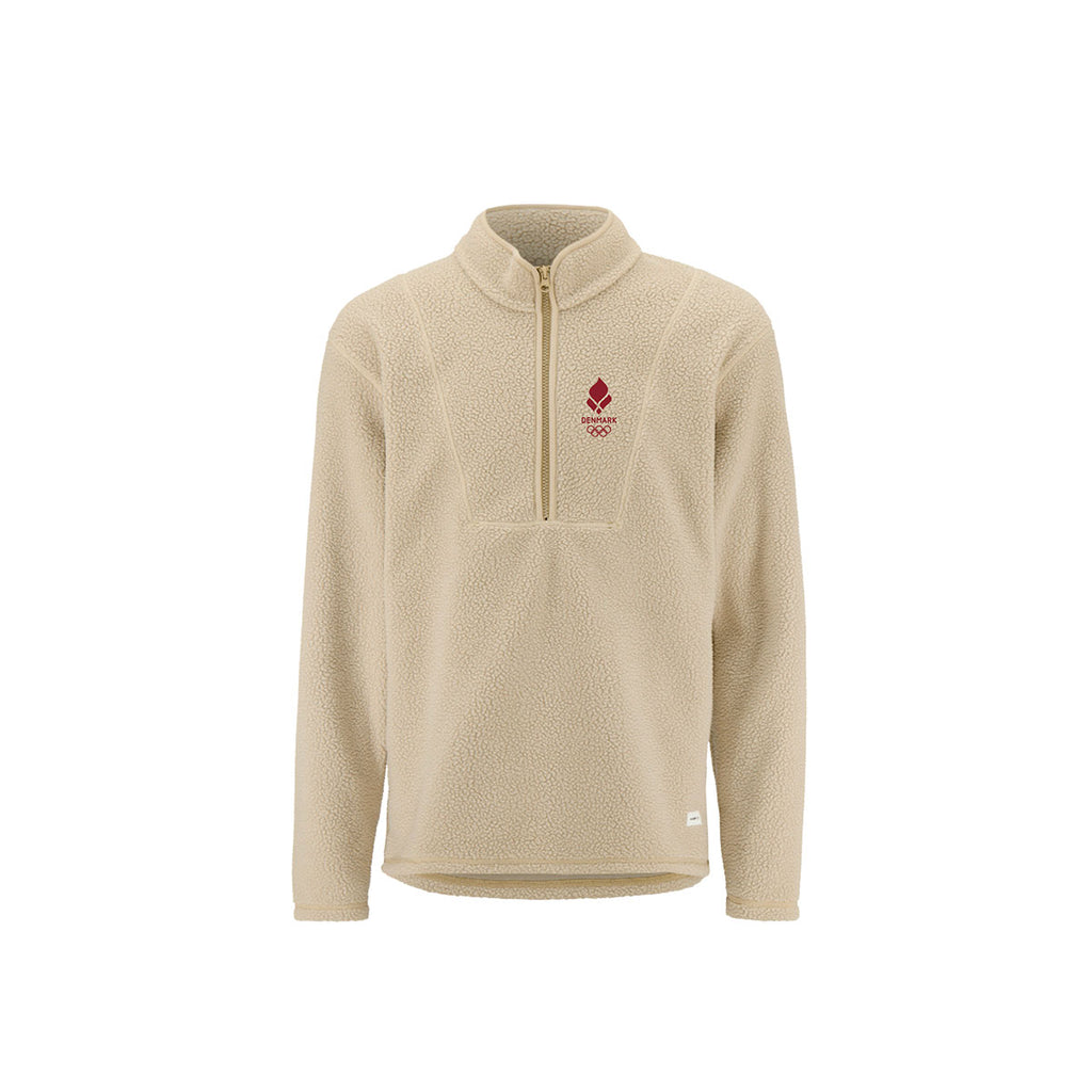 Beige langærmet fleece trøje med halv lynlås og logo forside