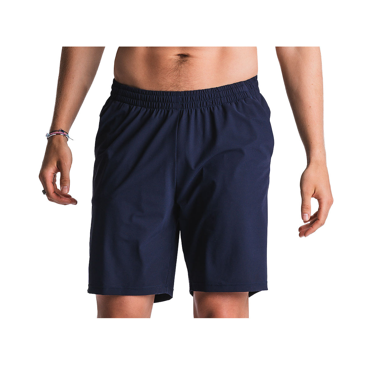 Mørkeblå unisex shorts med elastisk linning og knaplukning