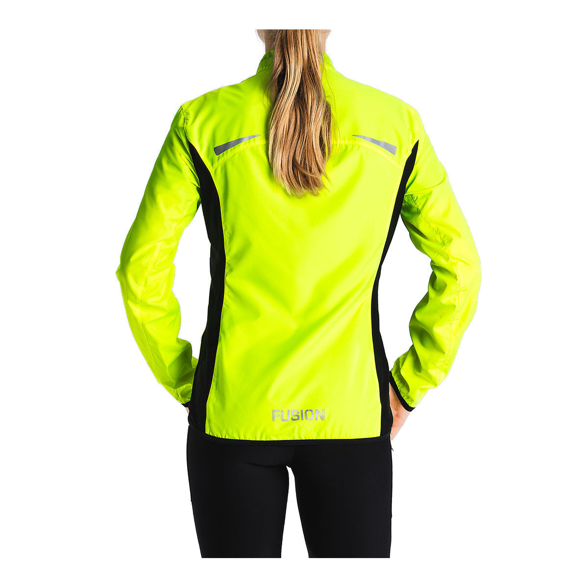 Kvinde løbejakke FUSION S1 i neon gul med sorte detaljer
