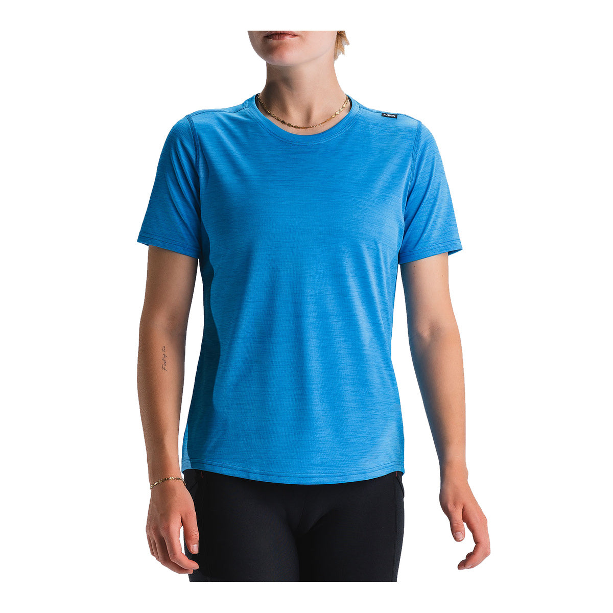 Blå dame-T-shirt med korte ærmer og rund halsudskæring