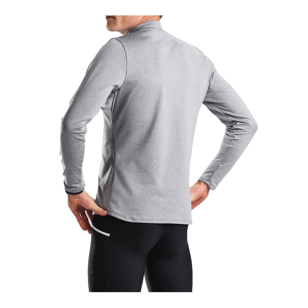 Grå langærmet zip-neck herretrøje set bagfra med høj krave