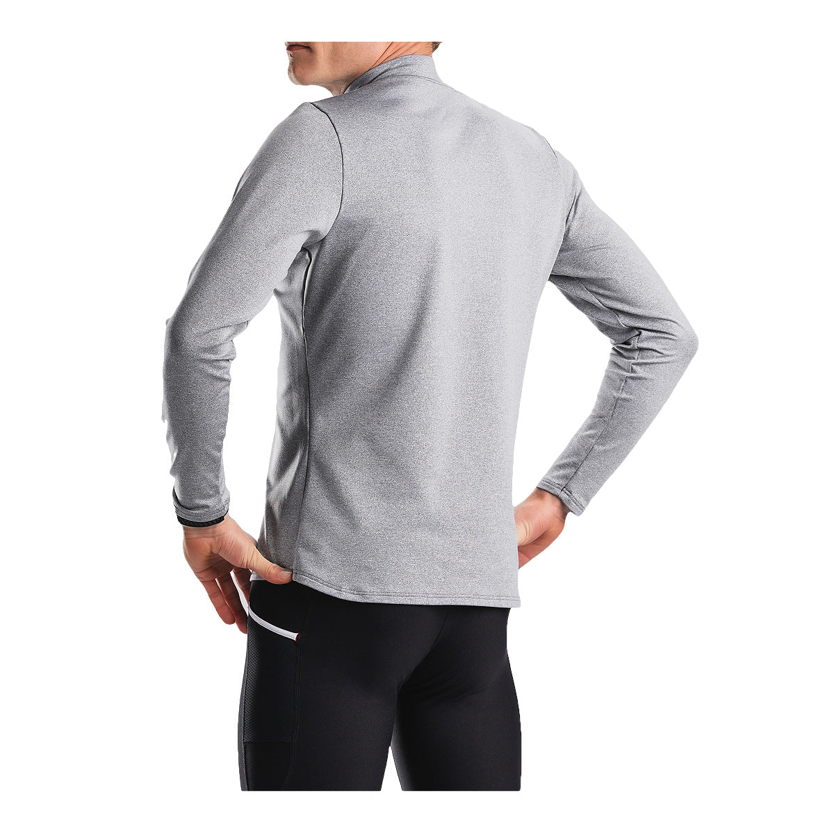 Grå langærmet zip-neck herretrøje set bagfra med høj krave