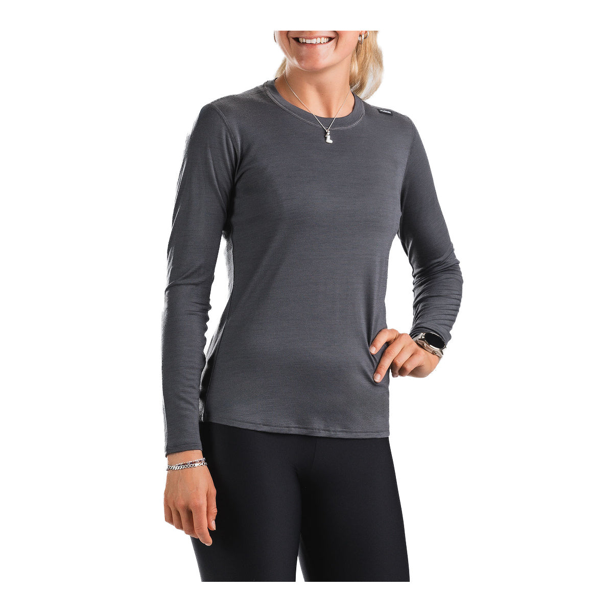 Sort langærmet trøje med rund hals, FUSION Merino 150 til dame