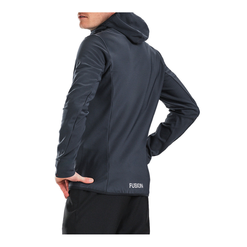 Mørkeblå langærmet hoodie med hætte og FUSION-logo på brystkant