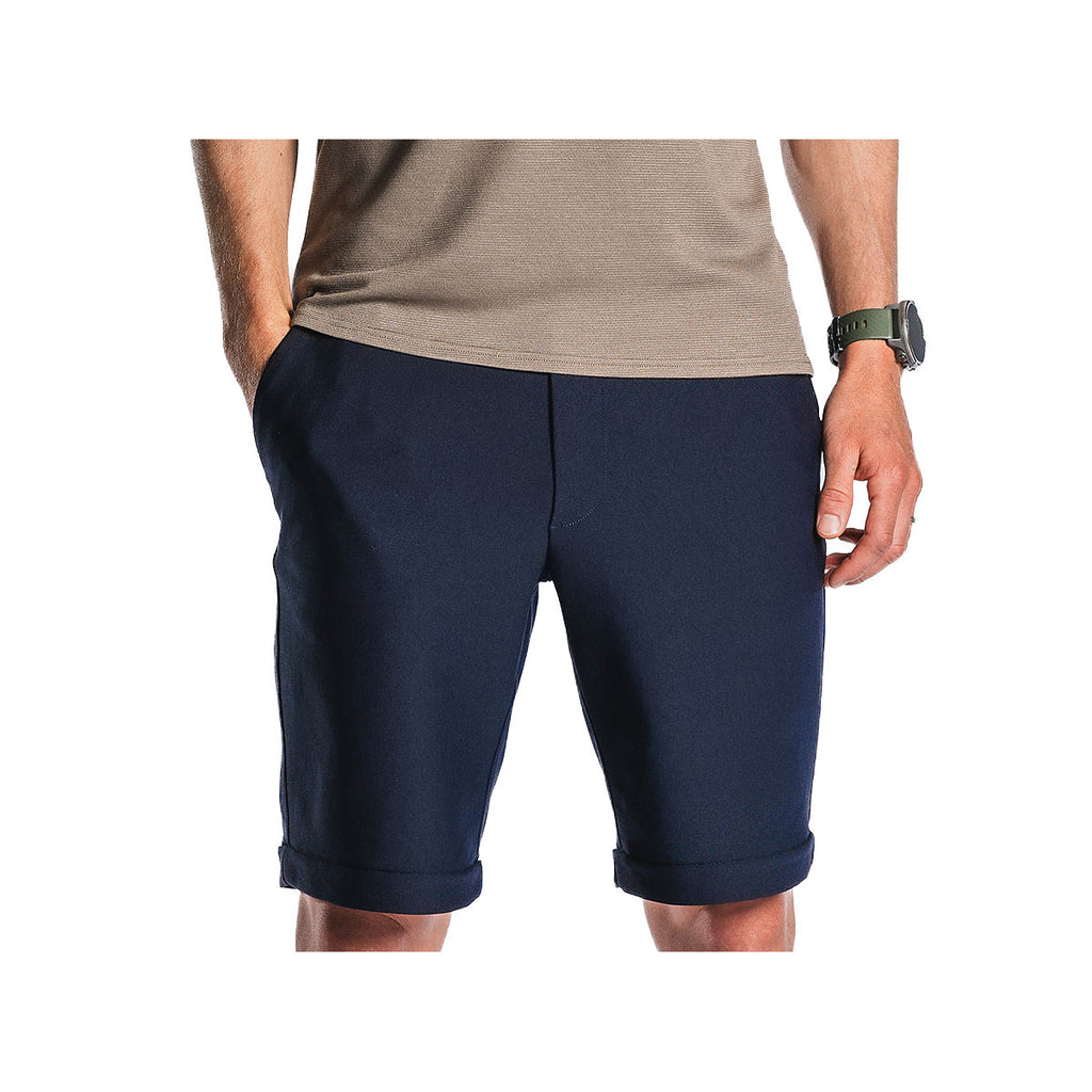 Mørkeblå herre-shorts med elastisk linning og benstropper