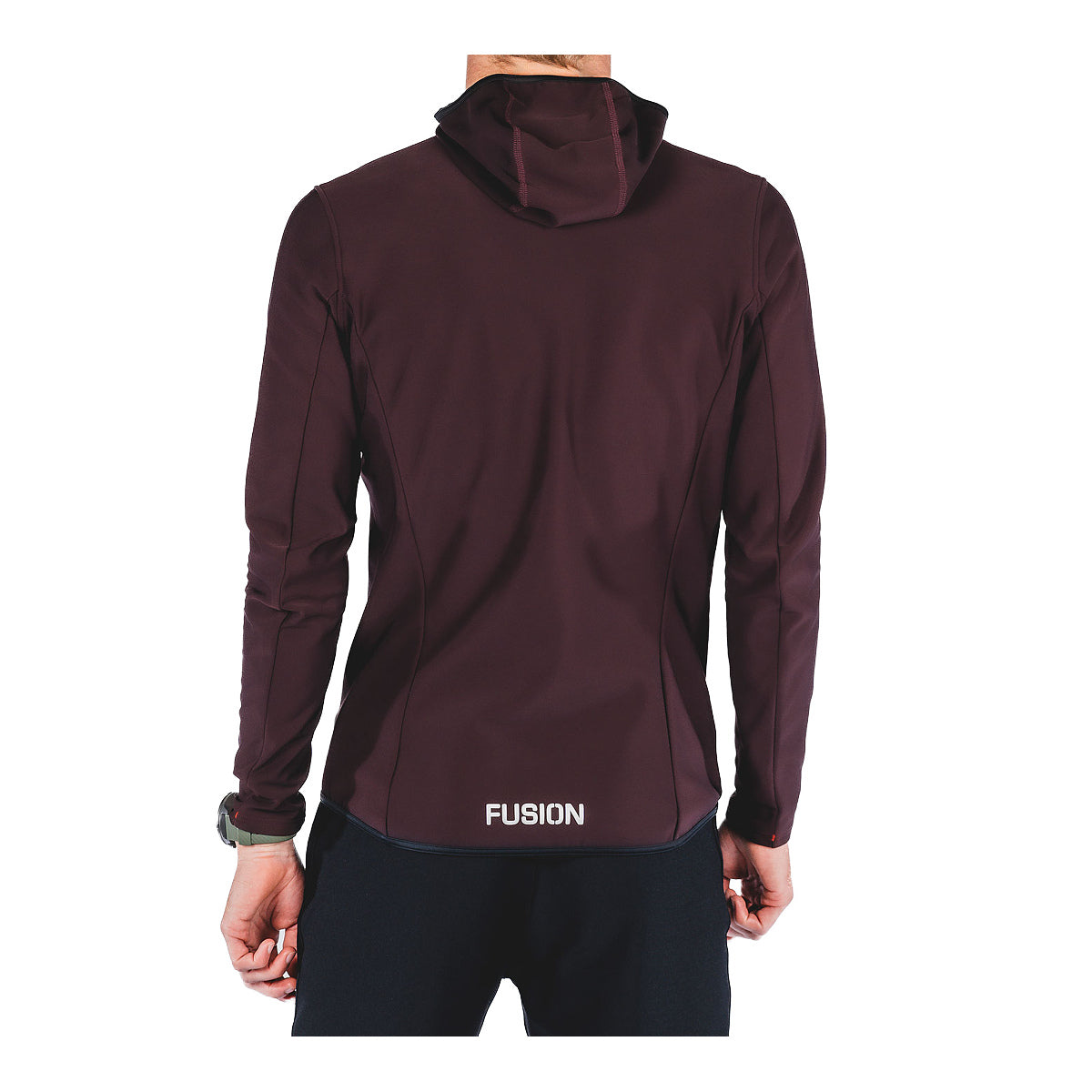 Bordeaux langærmet hoodie med hætte og FU SION-logo på ryggen