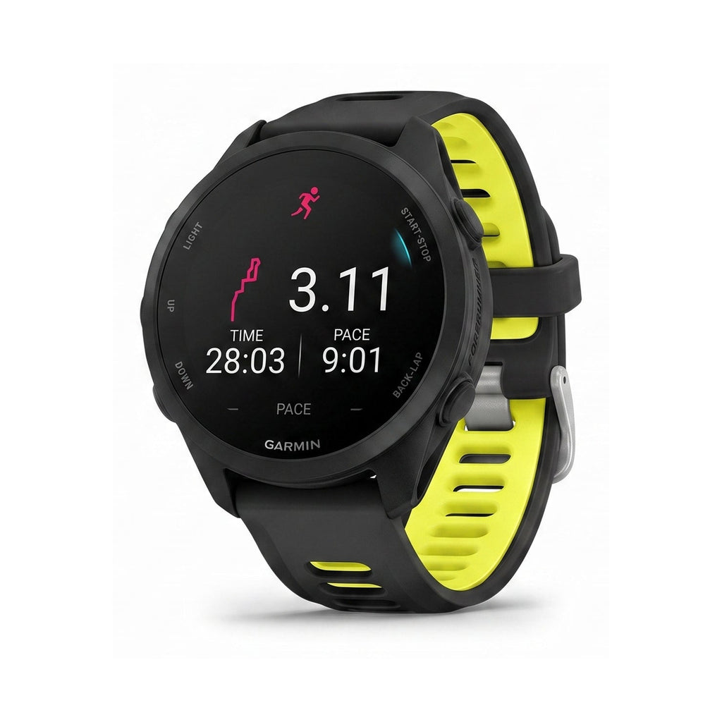 Garmin Forerunner 170 sort ur med amp gul rem og skærm med pulsmåling