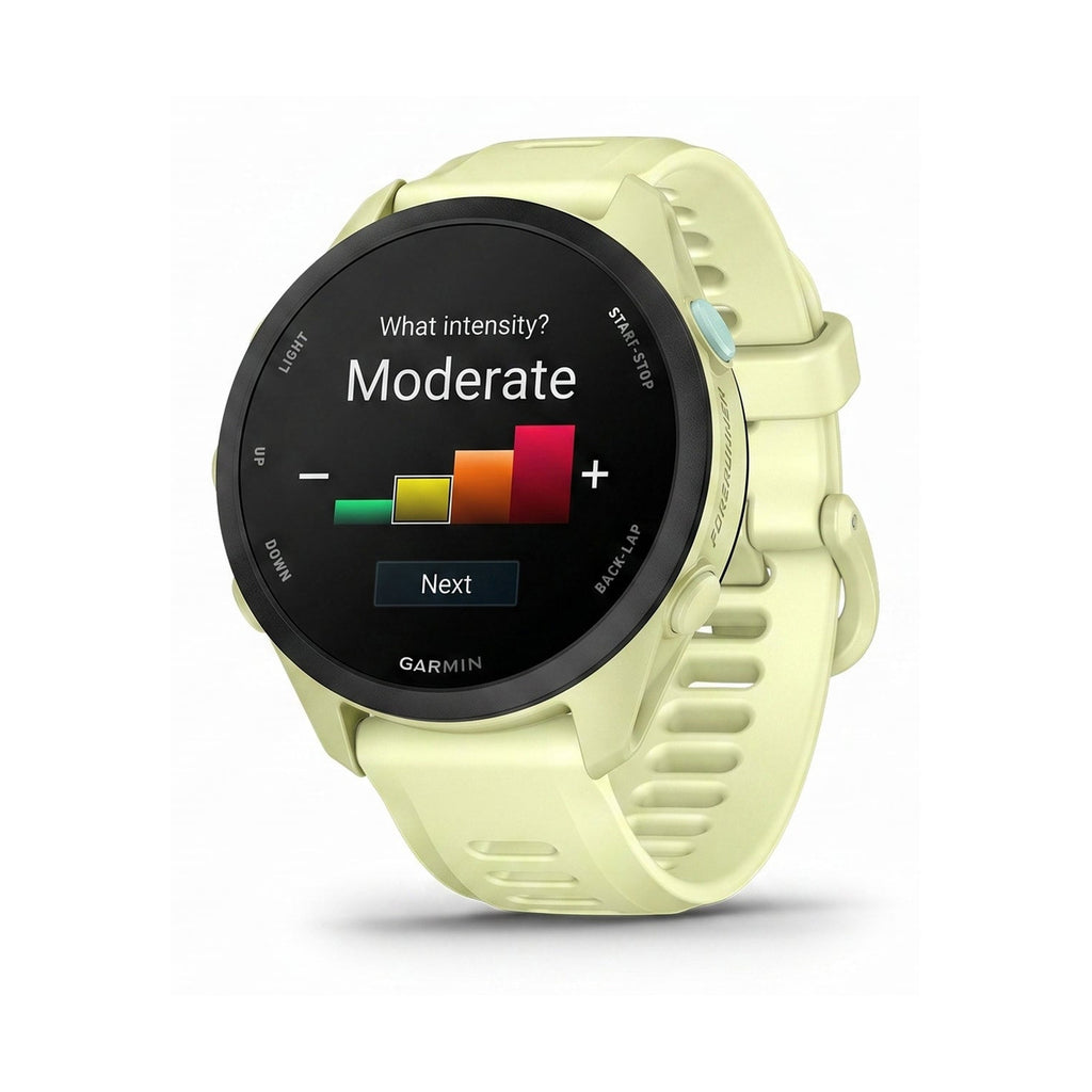 Garmin Forerunner 70 ur med citronfarvet rem og skærm med indstillinger