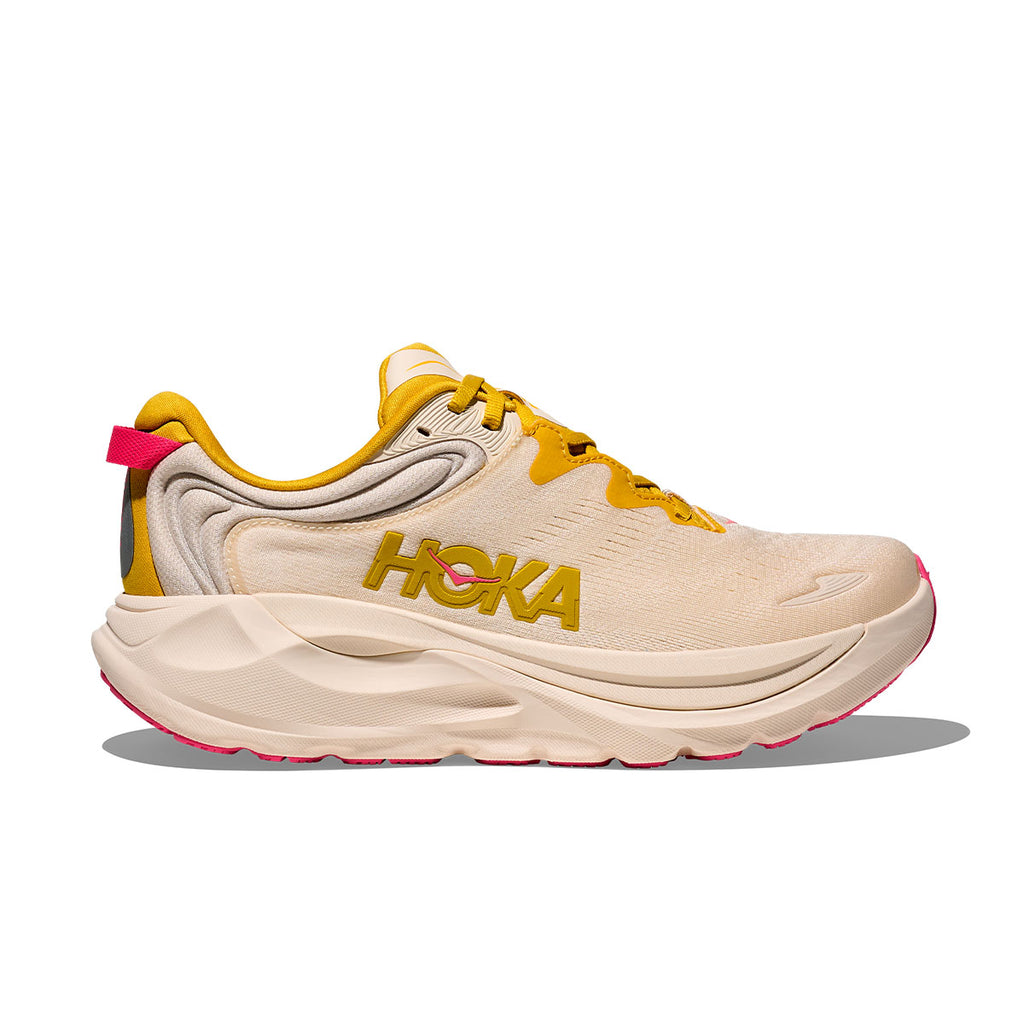 Hoka Gaviota 6 dame løbesko i beige med gule og pink detaljer