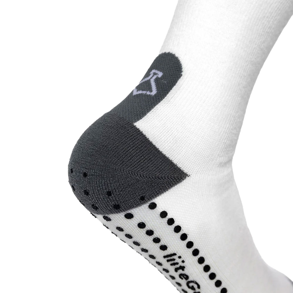 Hvid Merino Pro-Tech strømpe med grå hæl og skridsikre punkter