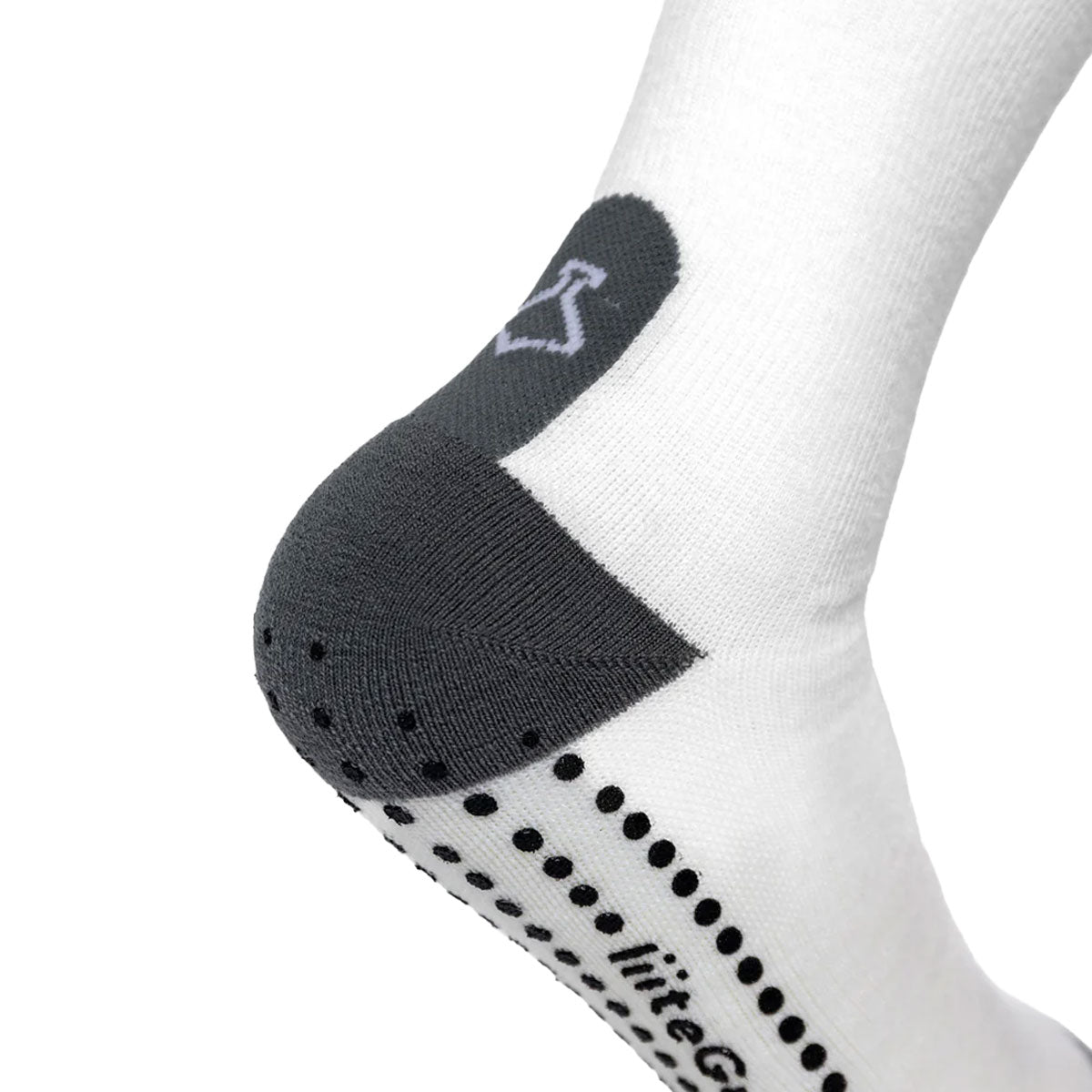 Hvid Merino Pro-Tech strømpe med grå hæl og skridsikre punkter
