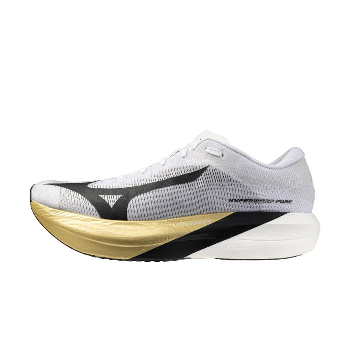 Mizuno Hyperwarp Pure løbesko i hvid og sort med guld detalje