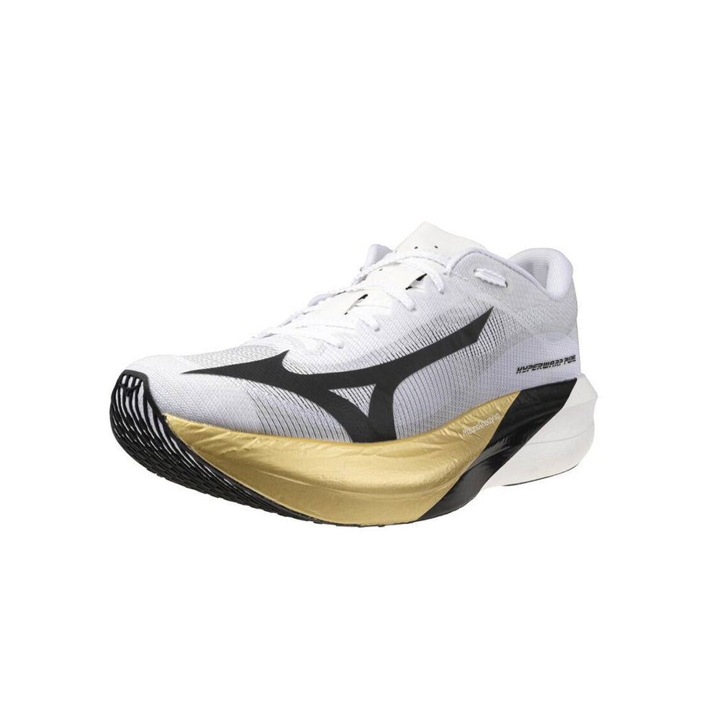 Mizuno Hyperwarp Pure løbesko i hvid og sort med guld detalje