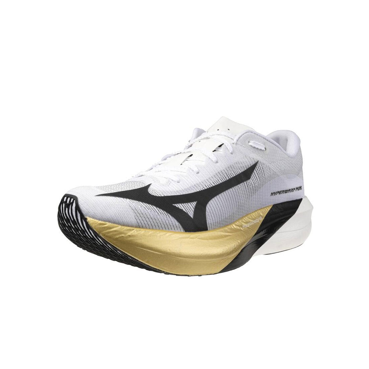 Mizuno Hyperwarp Pure løbesko i hvid og sort med guld detalje