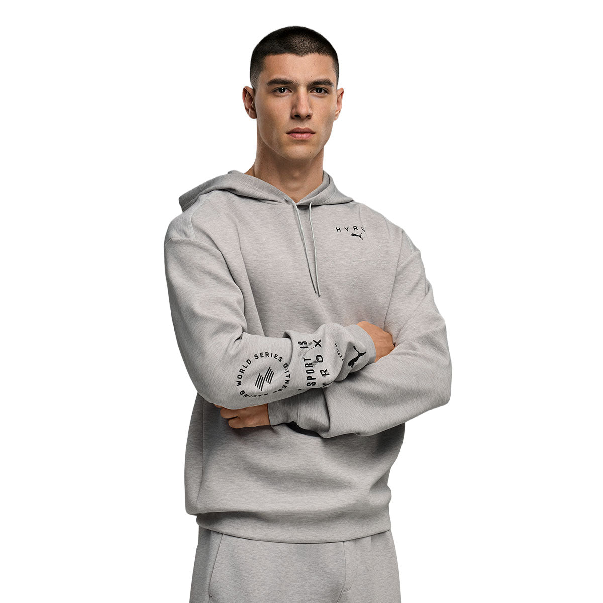 Grå Puma x Hyrox Cloudspun hoodie med hætte og tryk på ærmerne