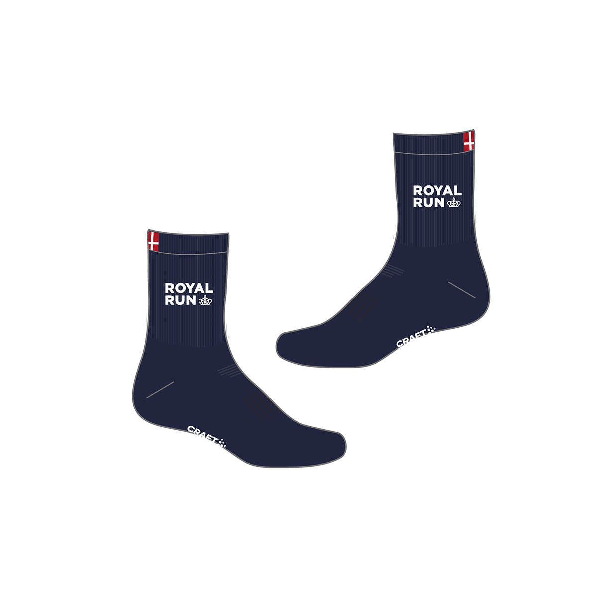 Høj sok i navy med Royal Run logo og dansk flag
