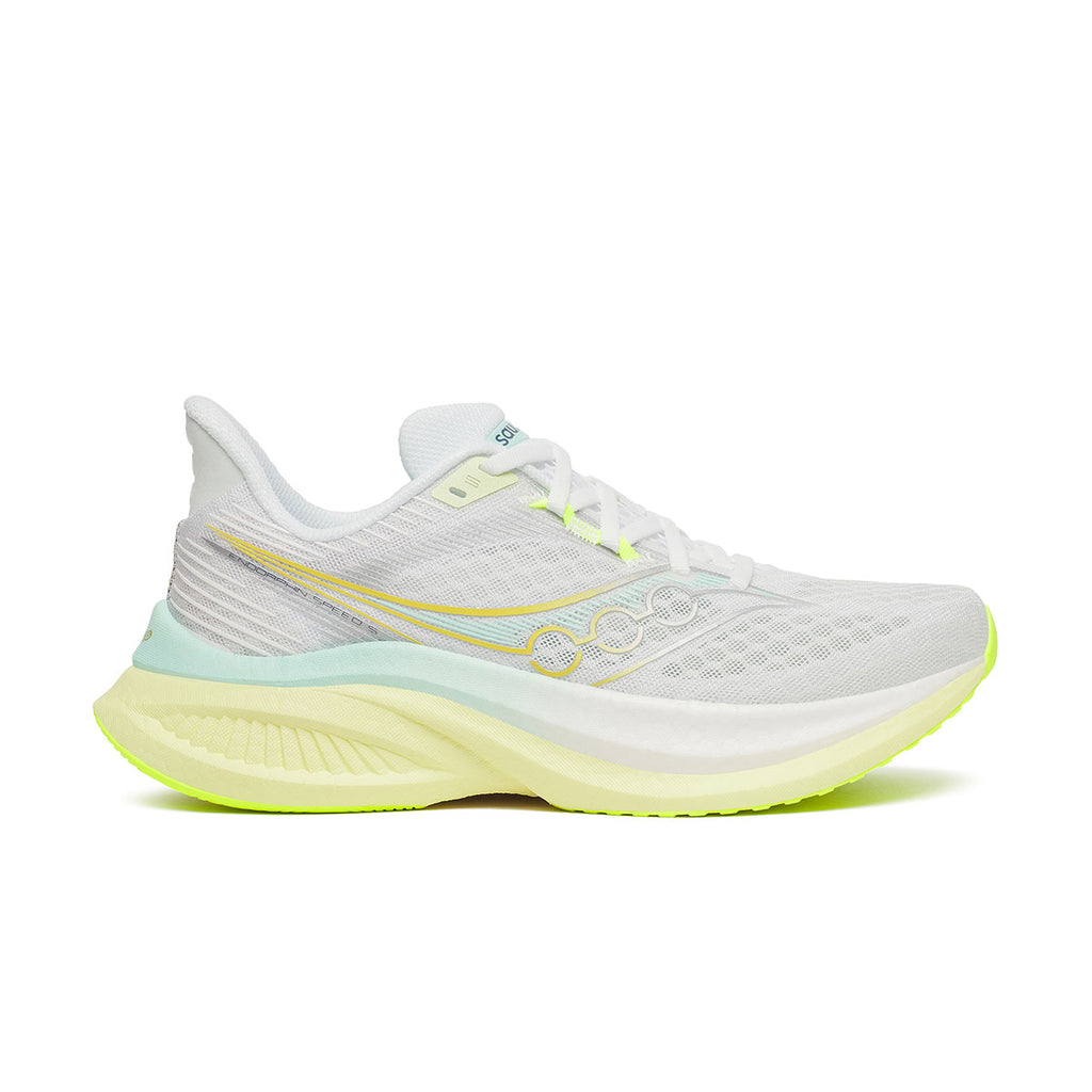 Hvid Saucony Endorphin Speed 5 Dame løbesko med gule detaljer