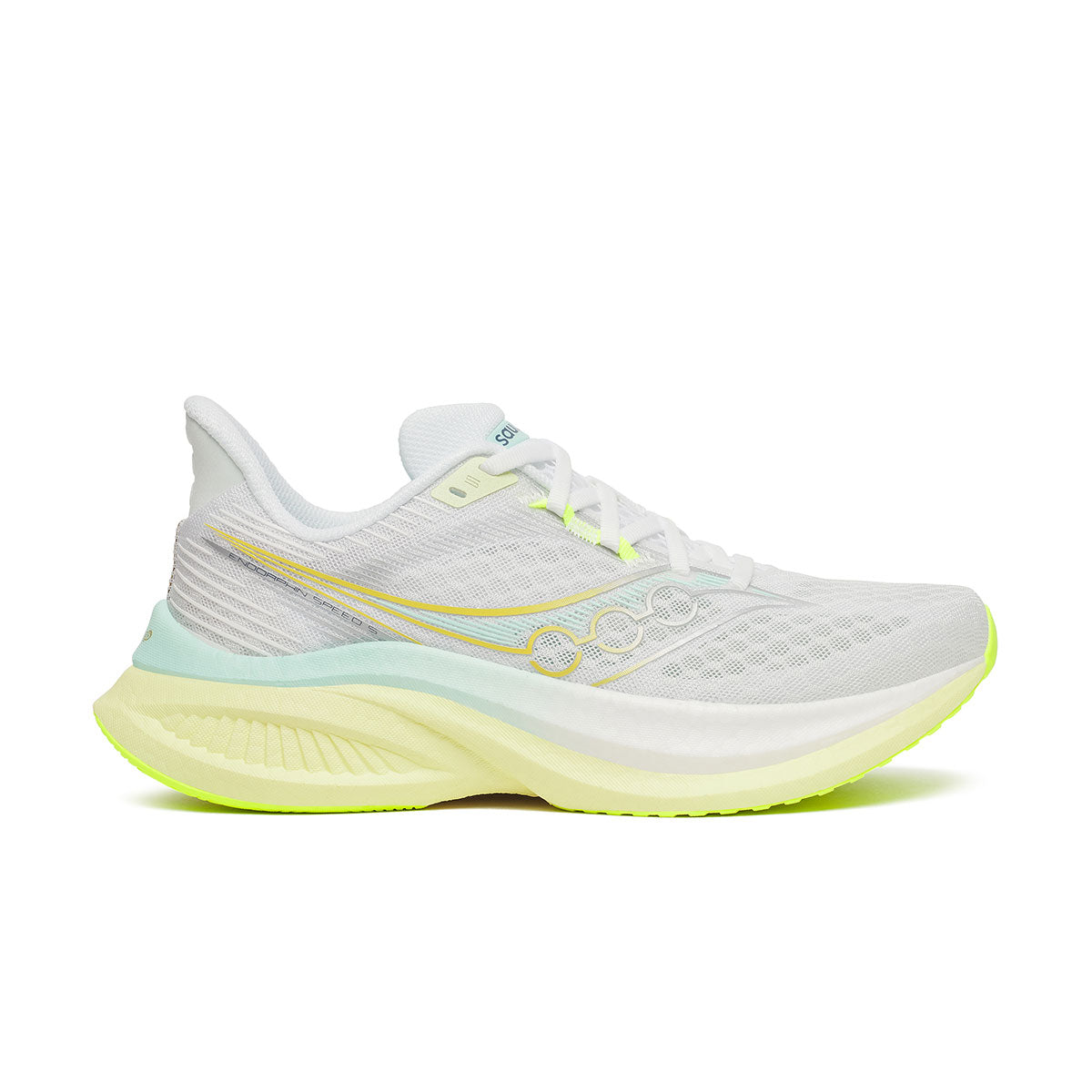 Hvid Saucony Endorphin Speed 5 Dame løbesko med gule detaljer