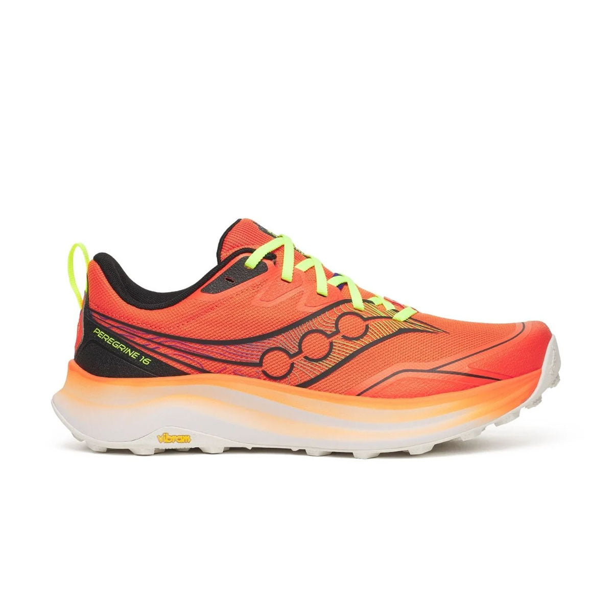 Saucony Peregrine 16 trailsko i orange med gule snørebånd