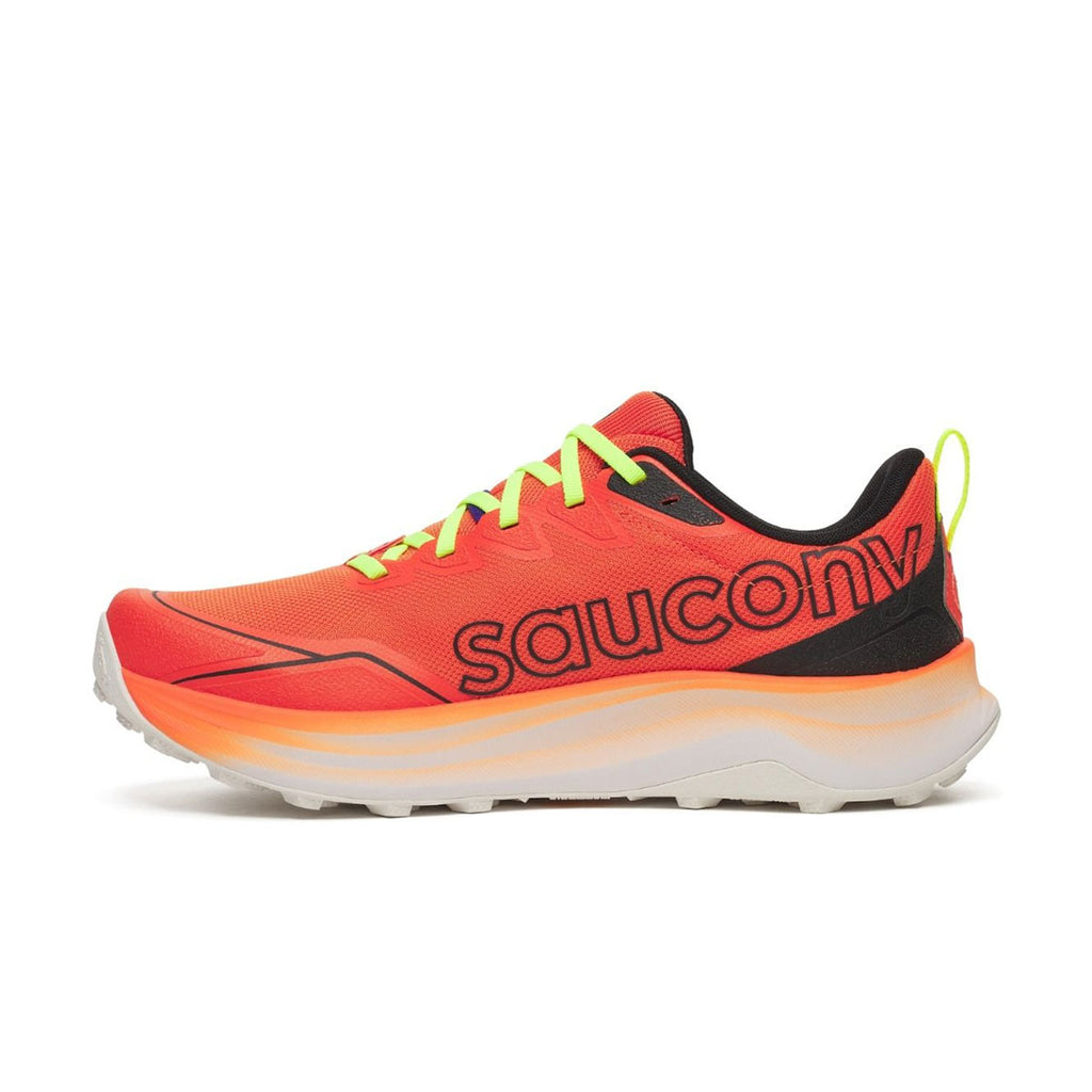 Saucony Peregrine 16 herresko i rød og sort med gule detaljer