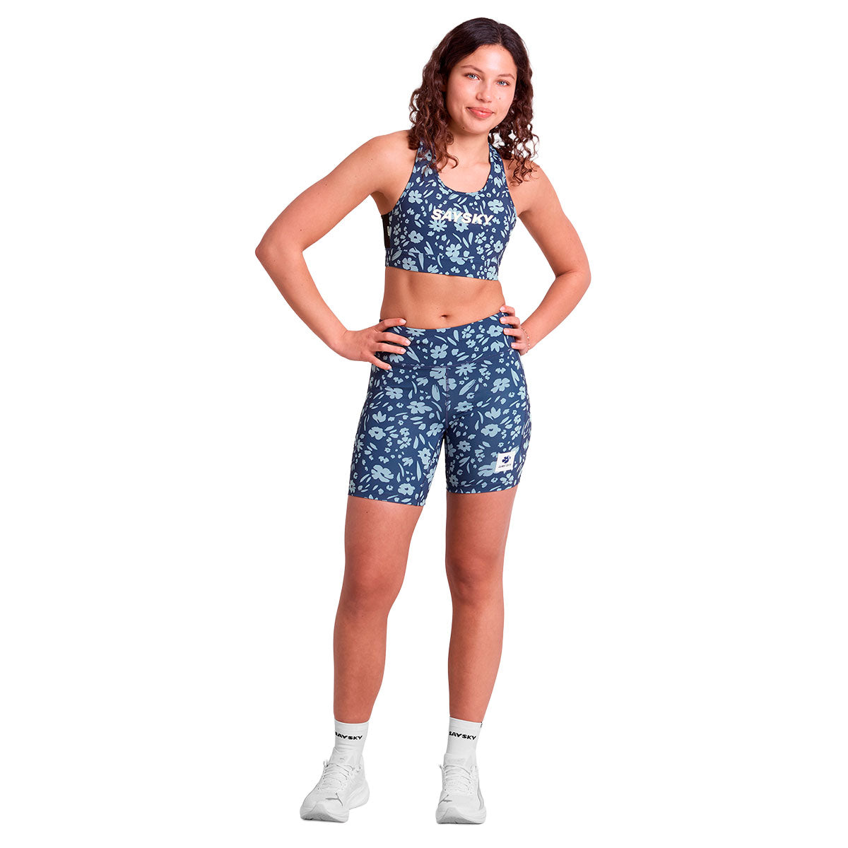 Saysky Flower Combat+ korte tights i blå med blomsterprint